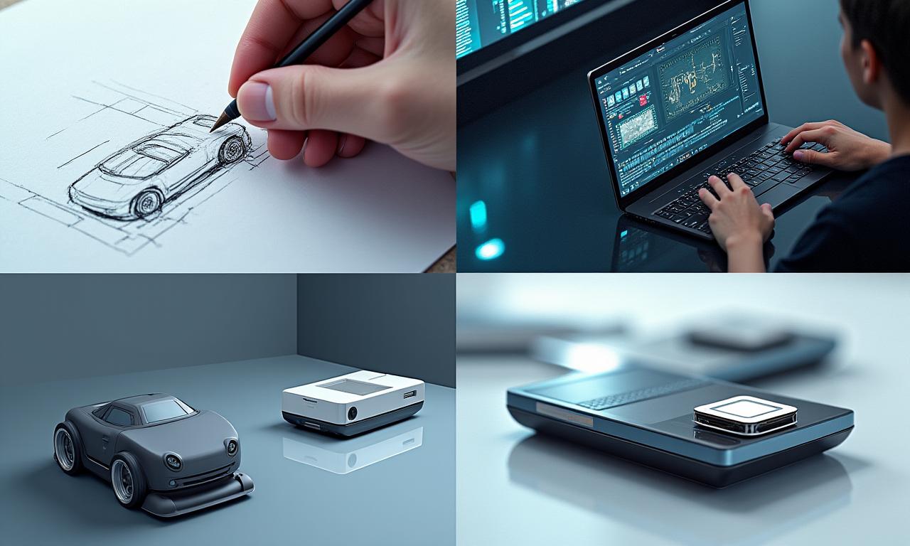 Creative design process showing sketching, 3D modeling, and a finished product