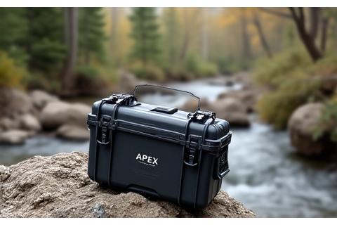 Rugged, durable Apex outdoor gear case shown in a wilderness setting, waterproof and impact-resistant.
