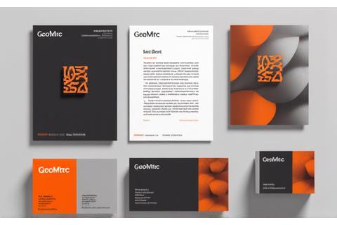 Stylish geometric patterns forming a cohesive brand identity for 'GeoMetric', displayed on various stationery items.