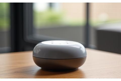 Sleek, futuristic Lumina smart home device sitting on a modern wooden surface.